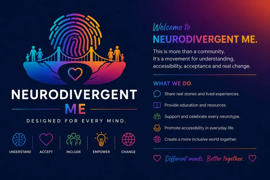 Welcome to Neurodivergent Me — more than a community, a movement for understanding, accessibility, acceptance and real change. We share lived experiences, provide education and resources, support and celebrate every neurotype, and promote accessibility in everyday life. Different minds, better together.